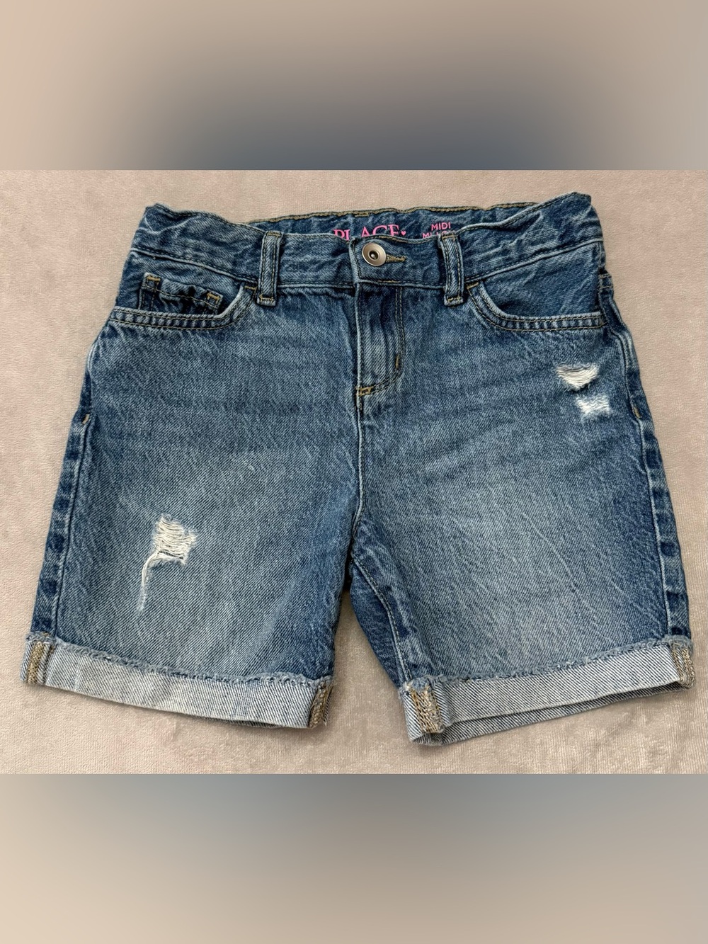 The Children's Place Girls Distressed Medium Wash Denim Midi Shorts Size 8 EUC
